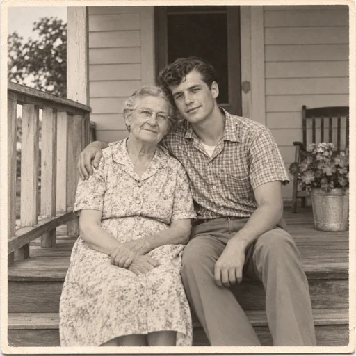 A repaired monochrome family photo of an older woman and a young man seated together on a wooden porch.