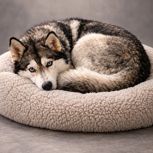 A blue-eyed husky curls on a cream fleece bed against a softly lit neutral studio background.