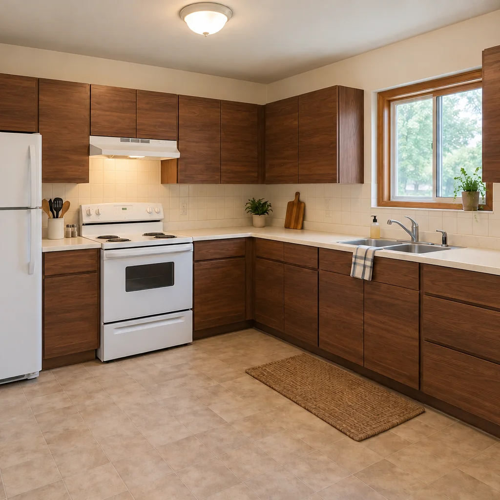 Kitchen with walnut slab cabinets, cream quartz counters, white appliances and a wood-framed window.