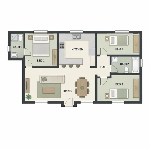 Source 1 for Floor plan design: three bedroom family bungalow.