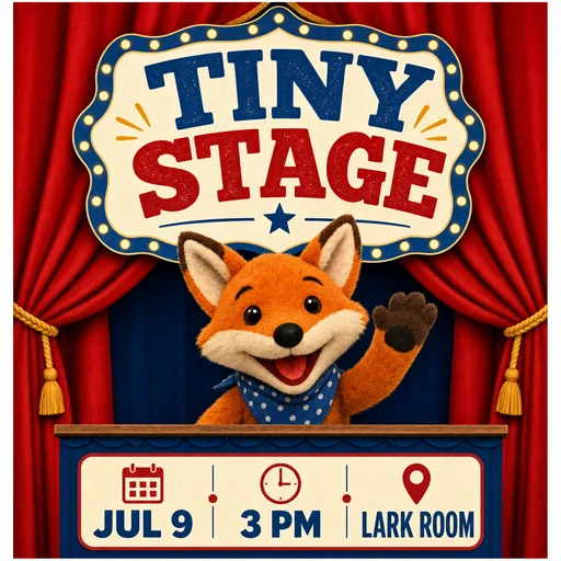 Tiny Stage puppet-show flyer with a friendly fox and red curtain.