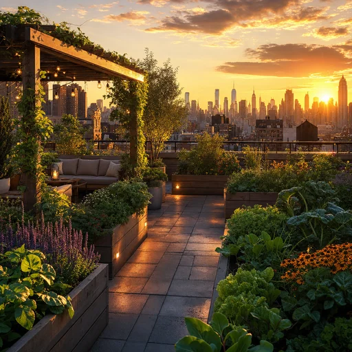 Raised planting beds and a vine-covered pergola frame a rooftop garden against a layered city skyline at golden hour.