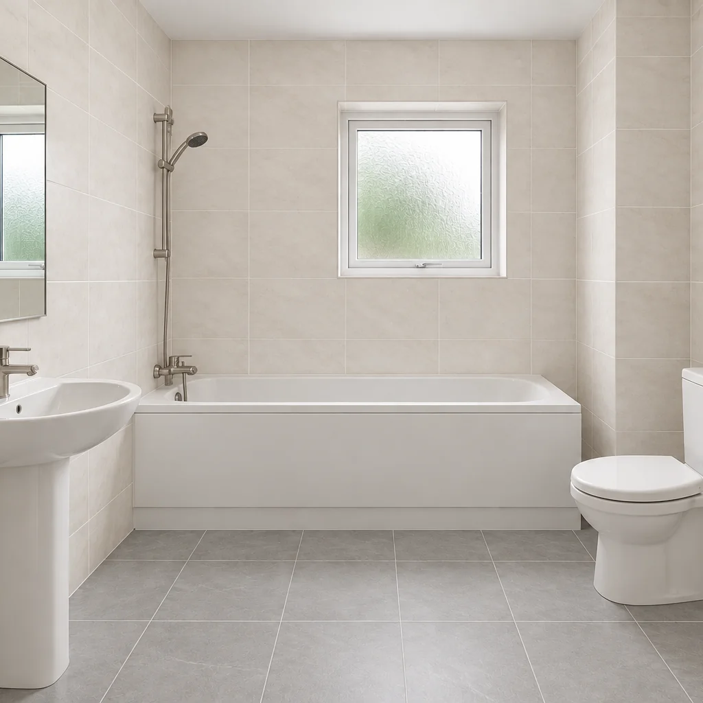 Ivory-tiled bathroom with a gray tile floor, brushed-nickel taps, white tub, pedestal sink and toilet.