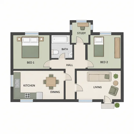 Source 1 for Two-bedroom floor plan: two bedroom cottage study nook.