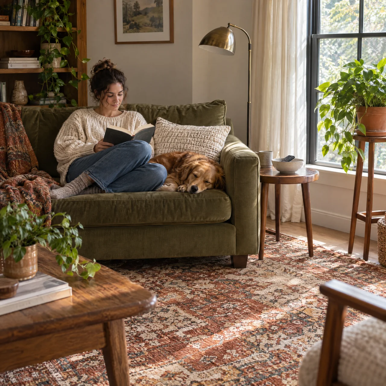 Olive sofa and faded rust-and-cream rug beside a bright window, with a cream cushion, wooden side table, reading lamp, and leafy plant on a wooden stand.