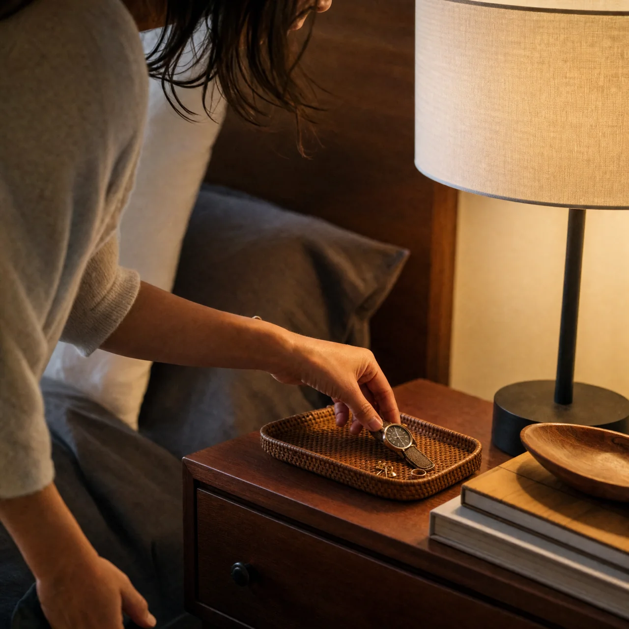 Hand placing a small item into a woven tray on a tidy nightstand with a single lamp and a stacked book.