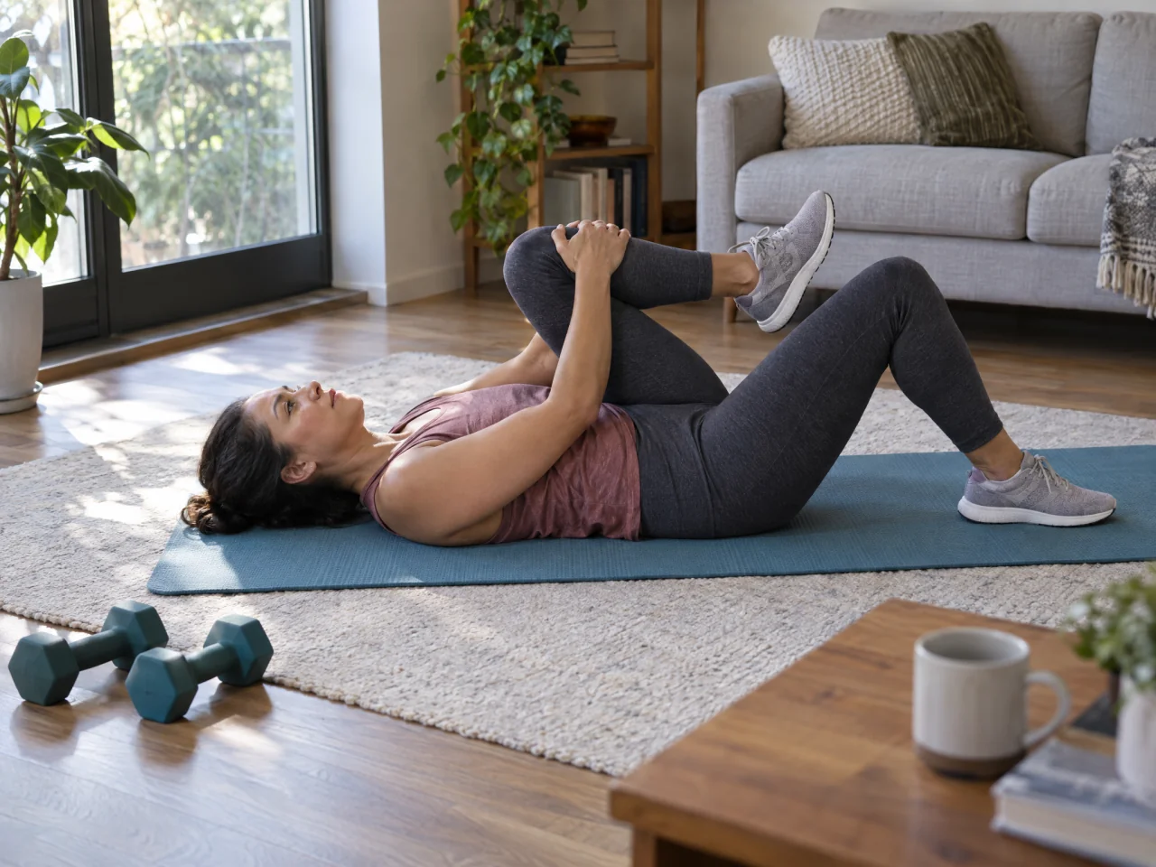 An adult lies on an exercise mat and gently draws one bent leg toward their torso, with a pair of dumbbells resting nearby.