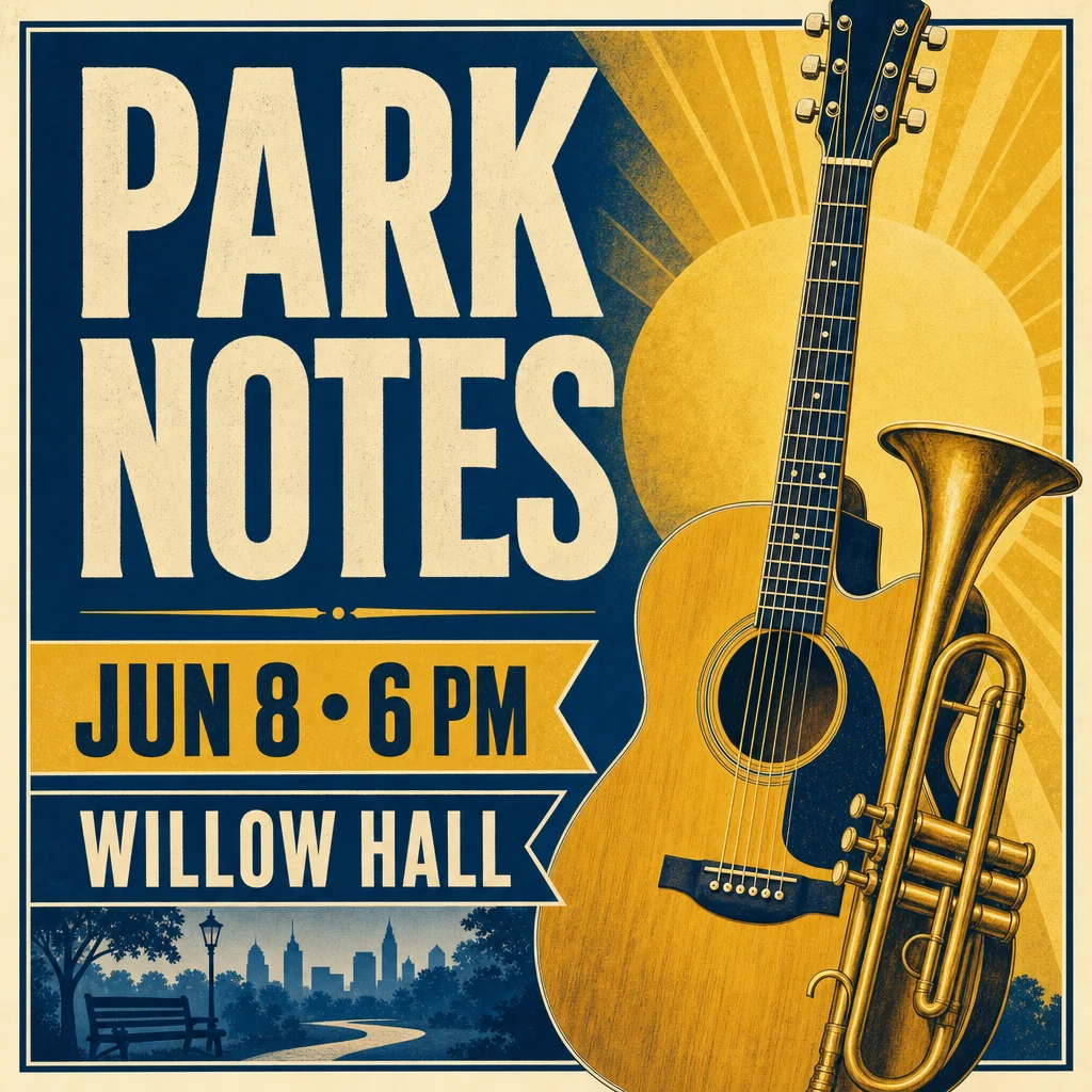 Park Notes concert flyer in warm yellow and blue with guitar and trumpet.