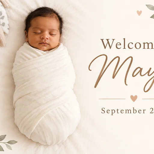 Ivory baby announcement with a sleeping baby in a white swaddle, botanical corners, and Welcome, Maya — September 2026.