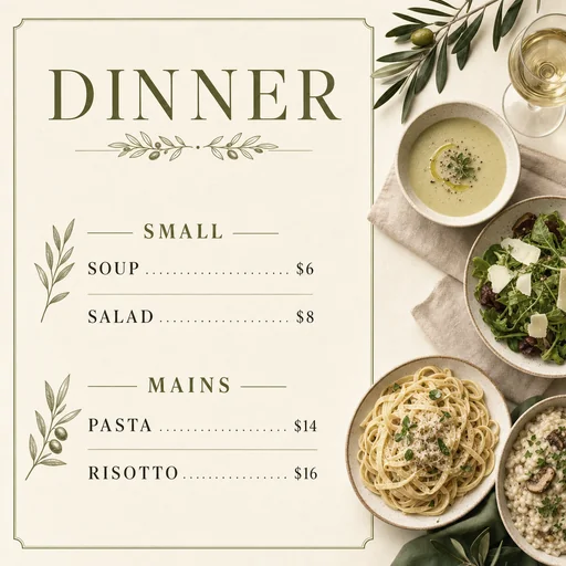 Cream and olive dinner menu with four dishes and exact prices.