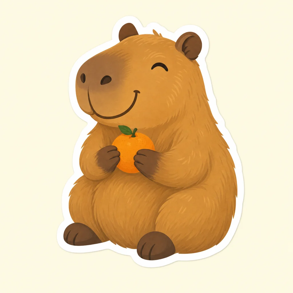Cheerful capybara holding an orange with a white sticker border.