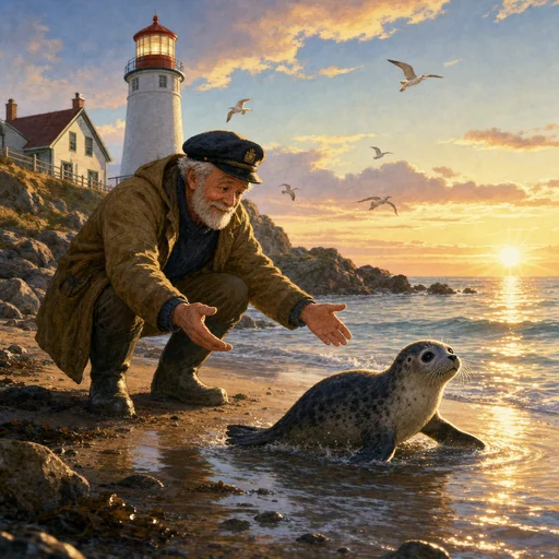 A lighthouse keeper guides a young seal into a sunrise-lit rocky cove.