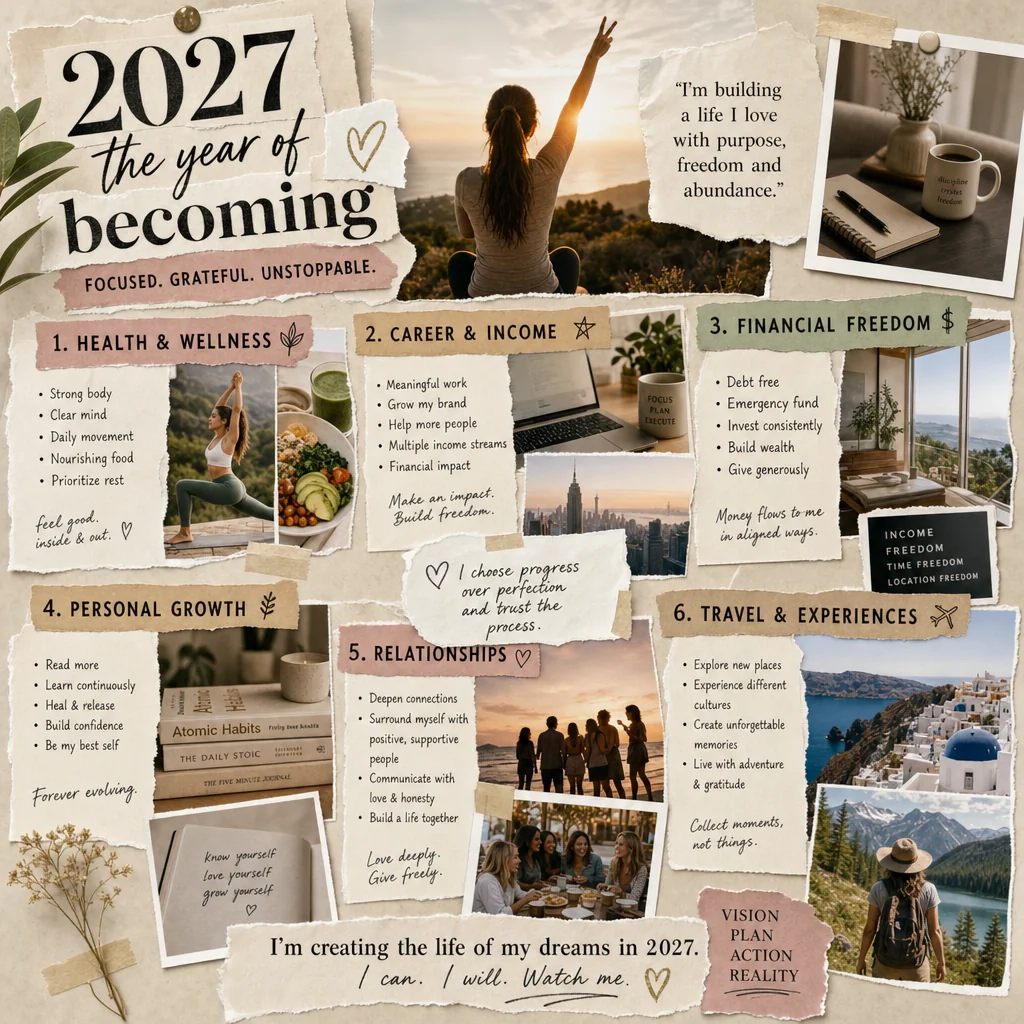 A layered vision board for 2027 with six goal categories.