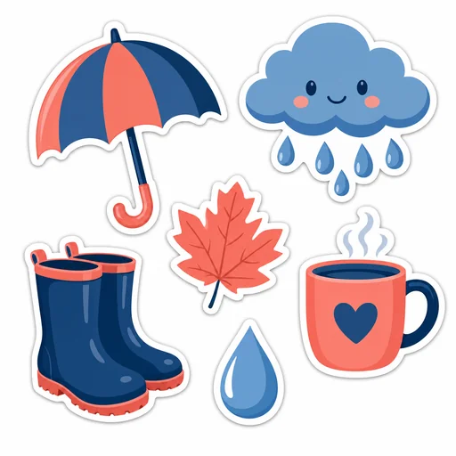 Six blue-and-coral rainy-day stickers show an umbrella, boots, cloud, leaf, mug and water drop.