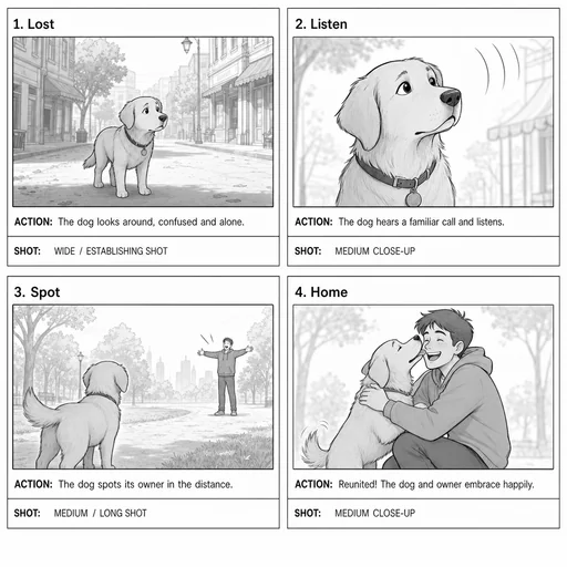 Four-frame storyboard of a lost dog hearing, spotting and reuniting with its owner.