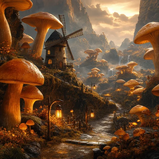 Giant amber mushrooms tower over a stone windmill and a winding lantern-lit path in a fantasy valley.