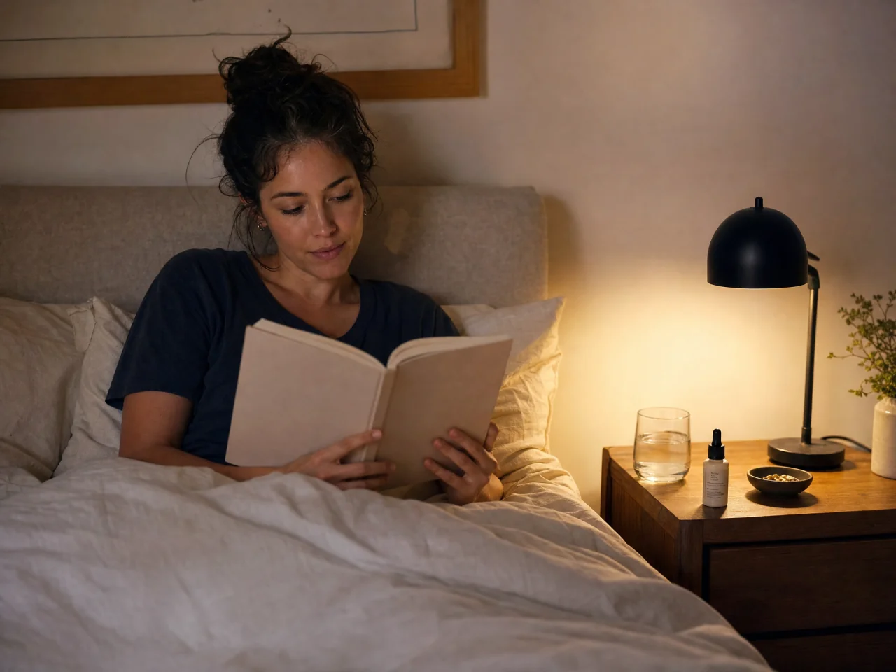 Person relaxed in bed reading a small book under a warm lamp with a single skincare bottle on the nightstand nearby.