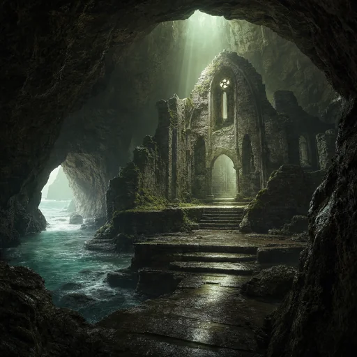 A ruined stone chapel stands inside a tidal sea cave, with wet steps under a narrow shaft of green daylight.