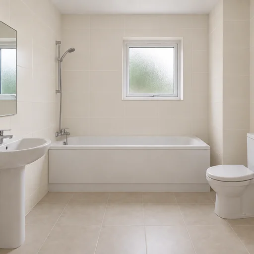 The reference bathroom with ivory satin wall tiles and its existing fixtures.