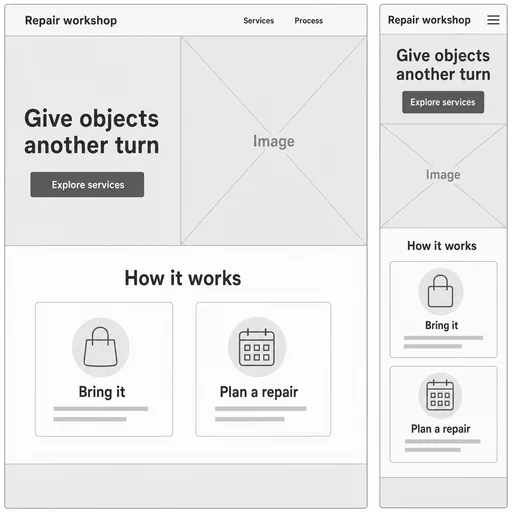 Repair workshop with Services/Process navigation, full supplied headline and CTA, Image placeholder, and exactly two Bring it/Plan a repair cards.