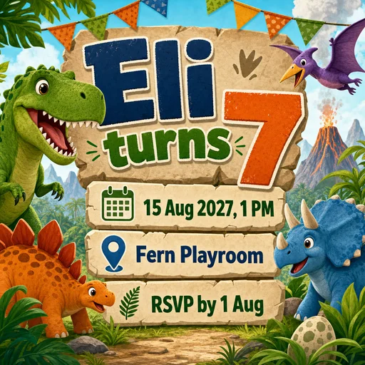 Dinosaur birthday invitation for Eli turning seven.