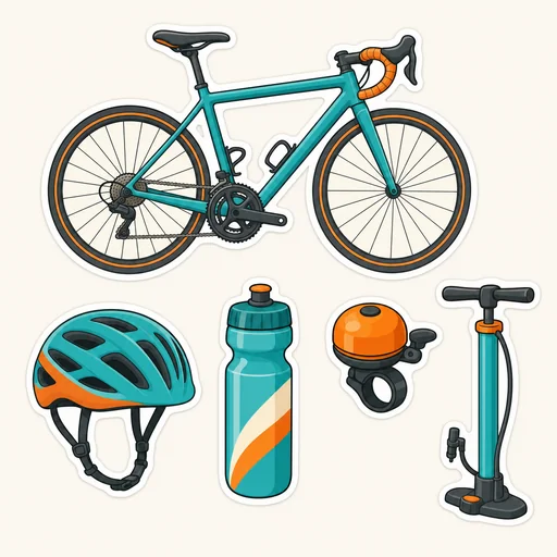 Five coordinated cycling stickers in teal, orange and cream.