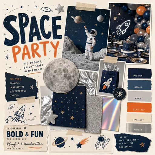 Space Party birthday moodboard with rockets, planets and navy-orange materials.