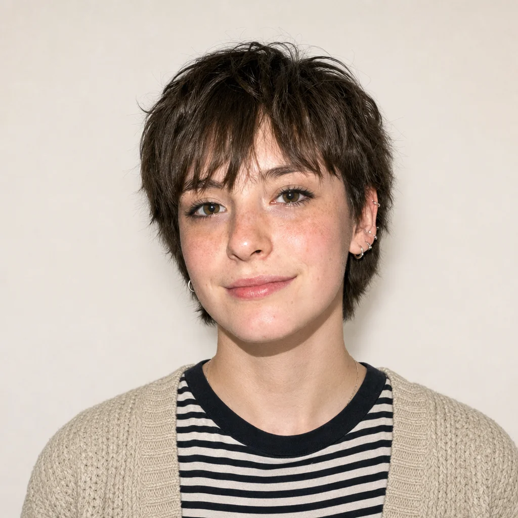 Passport-style portrait of the selected short-haired person wearing a striped top and cardigan on a neutral background.