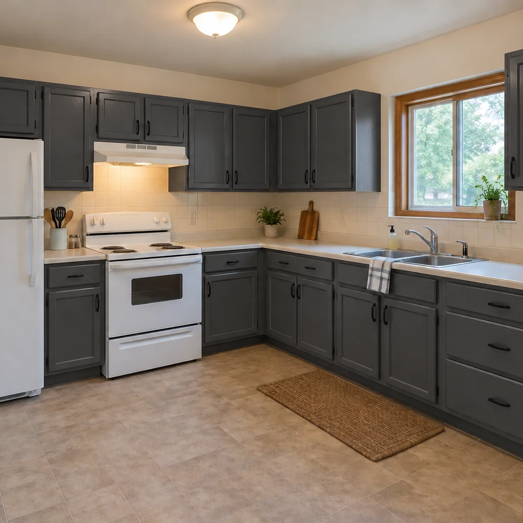 The reference kitchen with satin charcoal cabinets and existing appliances and surfaces.