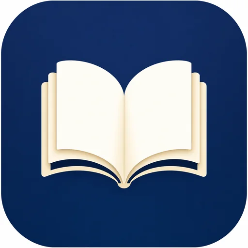 Reading-journal app icon with one cream open book on navy.