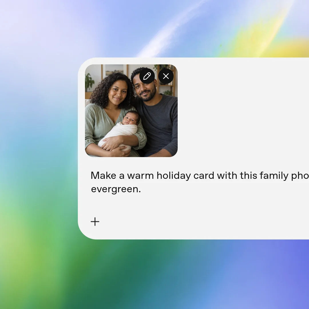 Step 2: Write your exact message. Ivory holiday card with the original family photo beside Happy Holidays and 2026 in evergreen lettering.