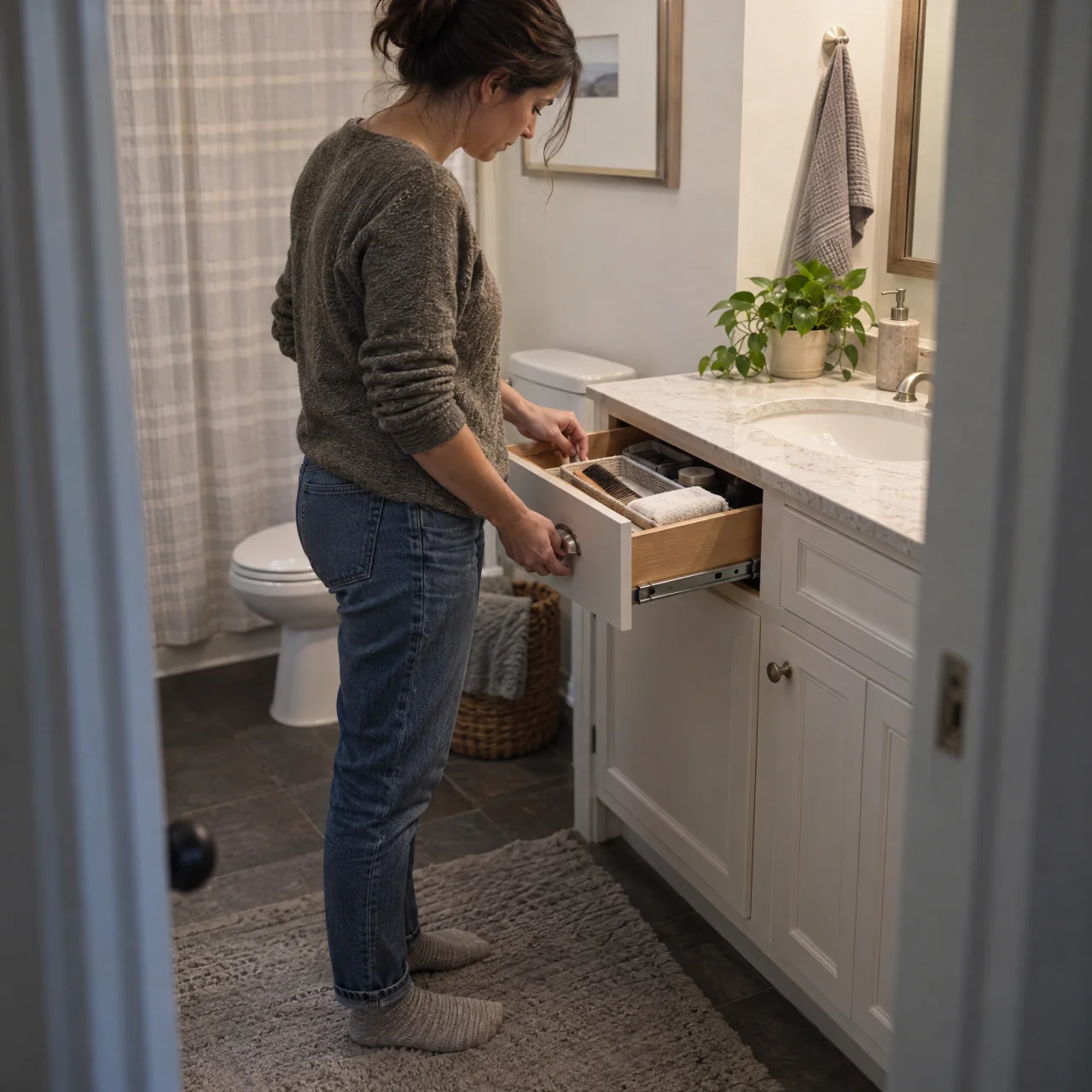 An adult checks a fully extended bathroom vanity drawer on metal runners, with a comb and folded washcloths accessible inside and separate cabinet doors closed beside it.