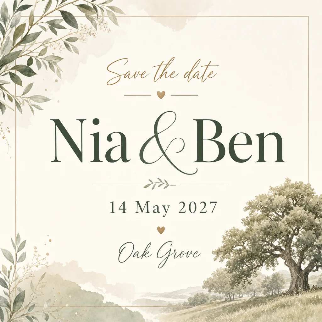 Save-the-date card for Nia & Ben, 14 May 2027, Oak Grove.