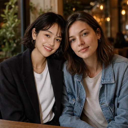 Warm two-person portrait of the selected catalog people in a dark blazer and denim jacket.