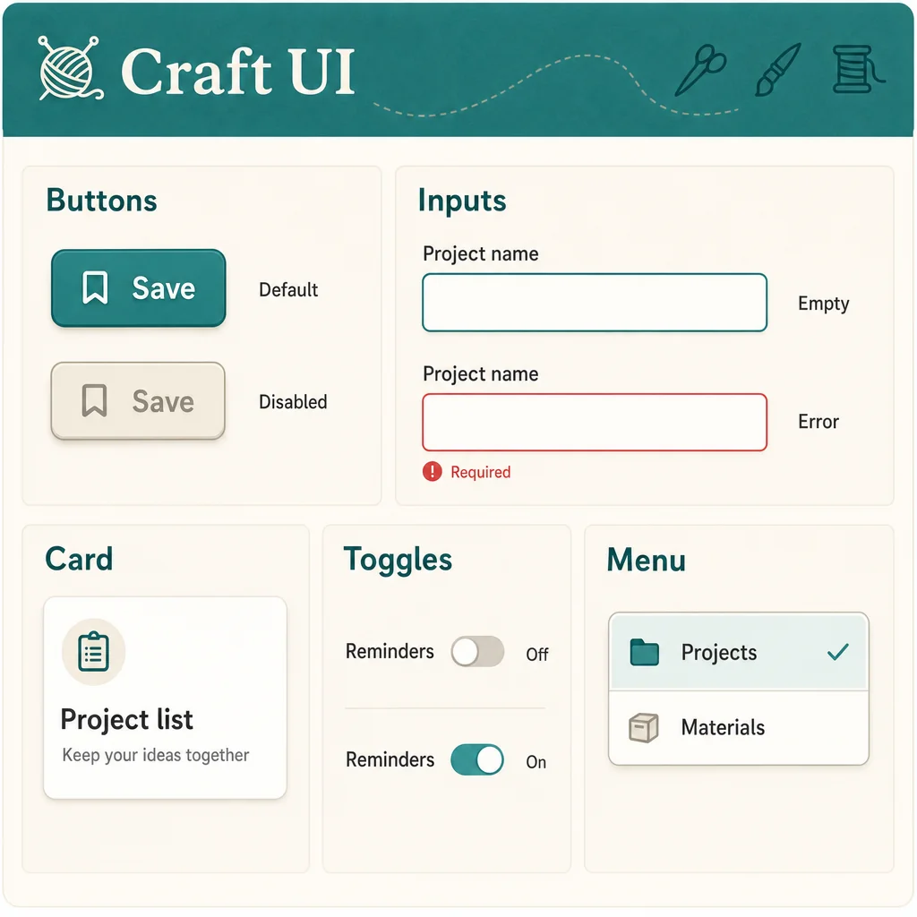 Craft UI five groups and required counts/copy correct; Project name empty/error, Required, Project list, off/on toggles and Projects selected readable. No material discrepancy.