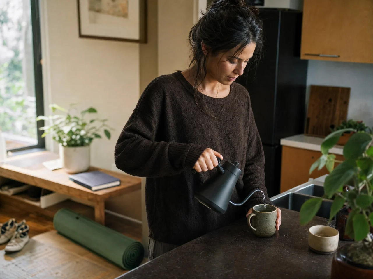 Morning kitchen scene: person making tea with a rolled mat and journal nearby, suggesting a simple daily routine.