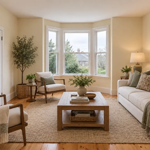 Bay-window living room staged with a cream sofa, two armchairs, a wood coffee table, rug, plants and framed landscapes.