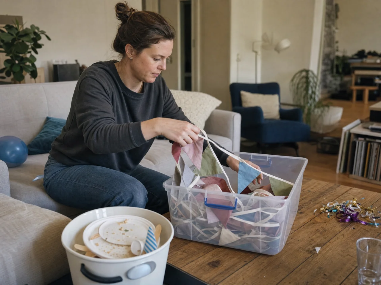 Caregiver folding bunting into a storage box on a coffee table after a small birthday gathering