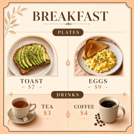 Peach and brown breakfast menu with Plates and Drinks headings and exact item prices.