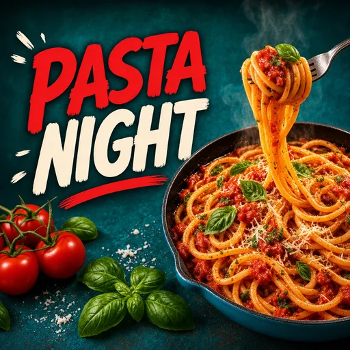 PASTA NIGHT thumbnail with tomato pasta skillet on the right.