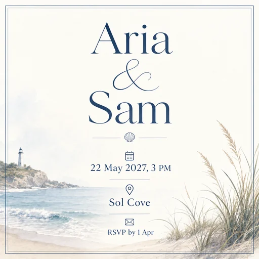 Coastal wedding invitation for Aria and Sam.