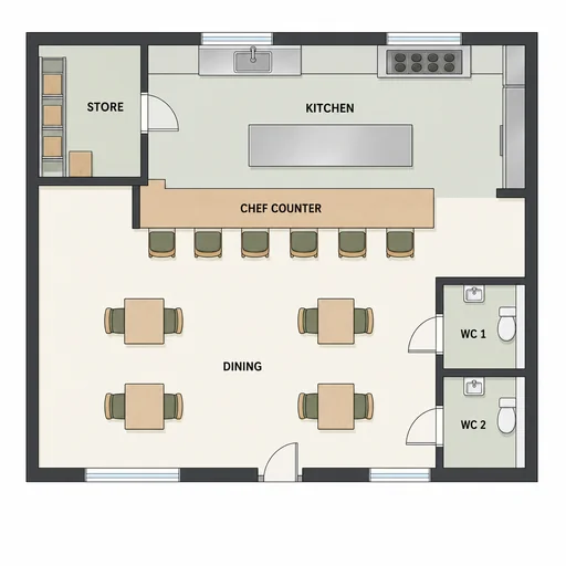 Tasting restaurant with six-seat chef counter, four dining tables and rear kitchen.