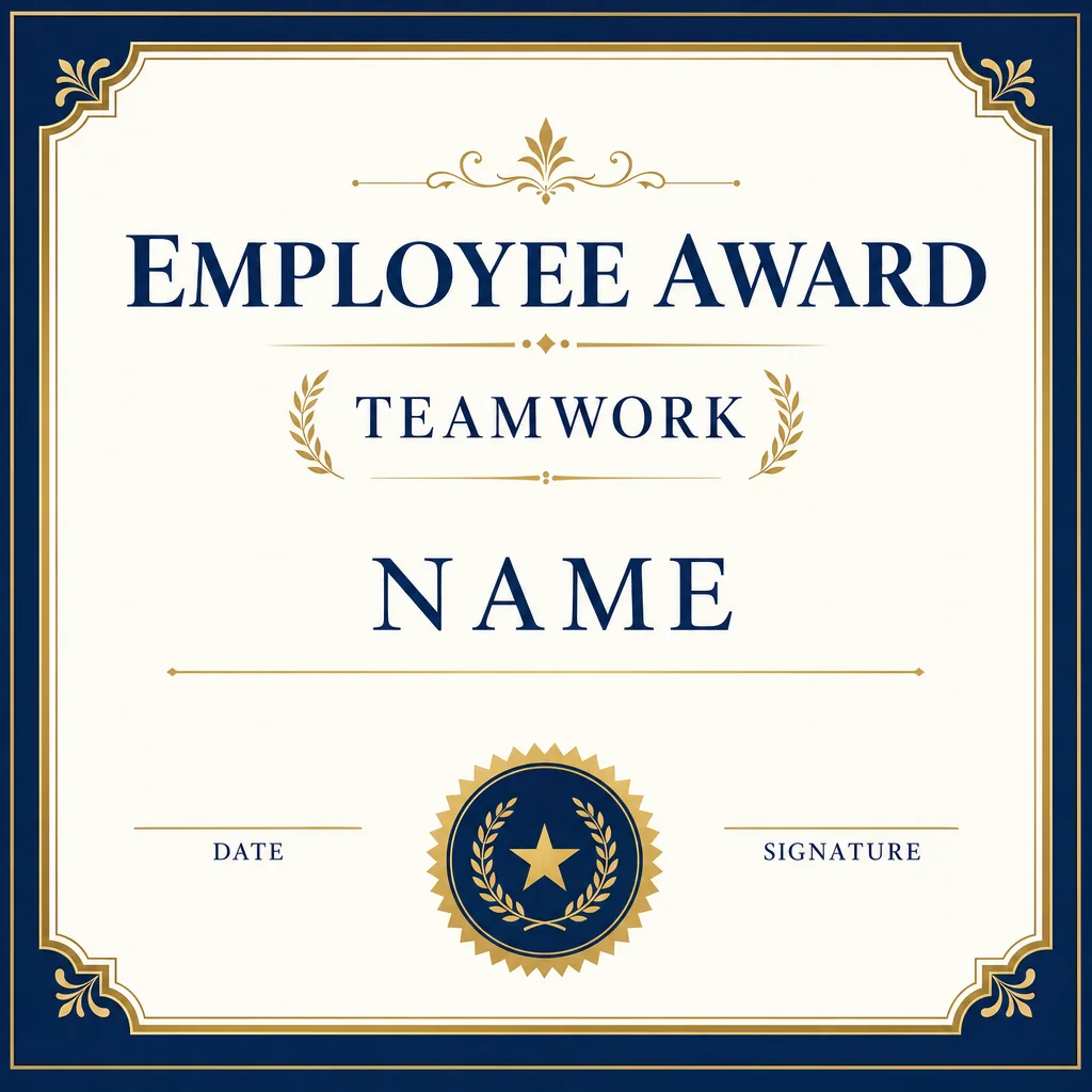 Navy and gold EMPLOYEE AWARD certificate with TEAMWORK, NAME, DATE and SIGNATURE fields.