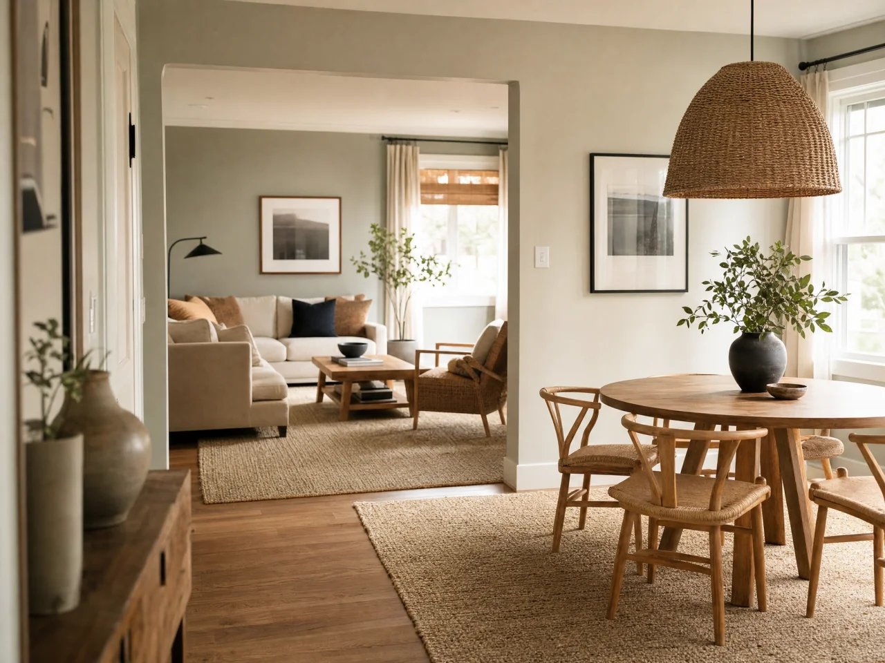 Open-plan living and dining area showing shared materials—neutral rug, woven pendant, and natural-wood accents—that tie the rooms together.