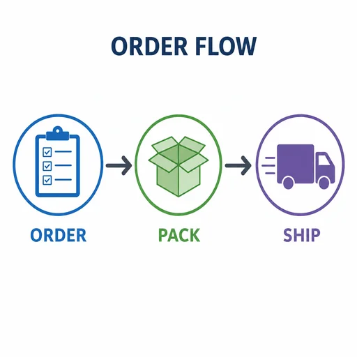 ORDER FLOW process diagram connecting ORDER, PACK and SHIP.