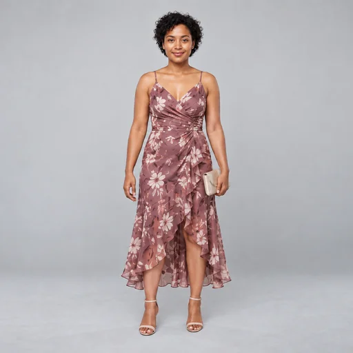 A woman with short dark curls models a mauve floral dress, heeled sandals, and a pale clutch against a gray studio backdrop.