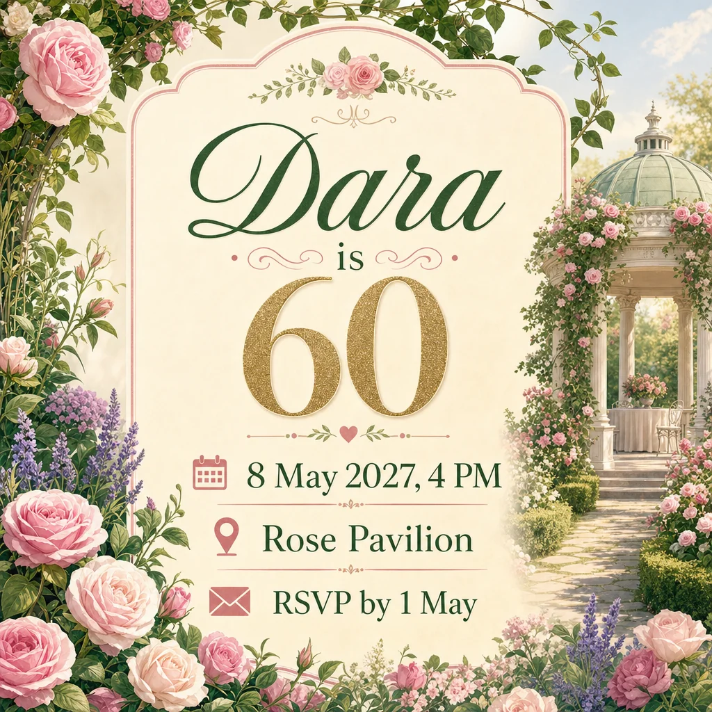 Garden birthday invitation for Dara at sixty.