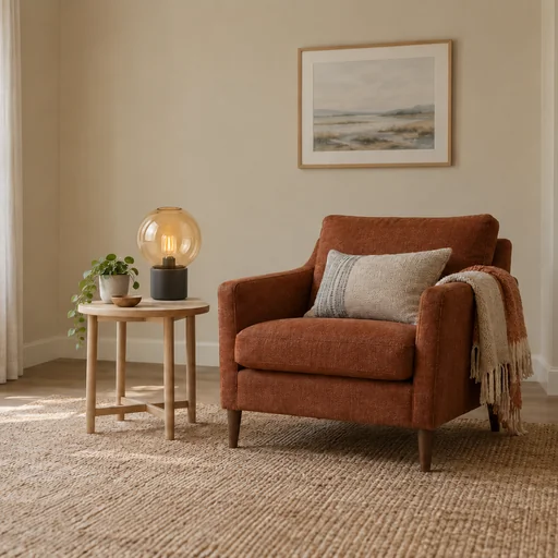 An amber glass globe lamp sits on a wooden side table beside a rust-colored armchair.