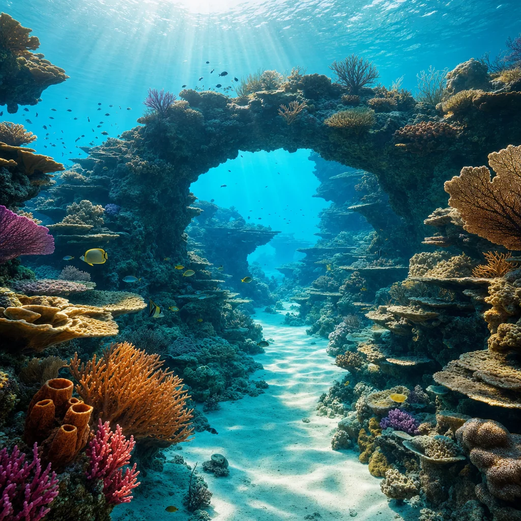 Sunlight illuminates a coral-covered underwater arch above a sandy channel between layered reefs in clear turquoise water.