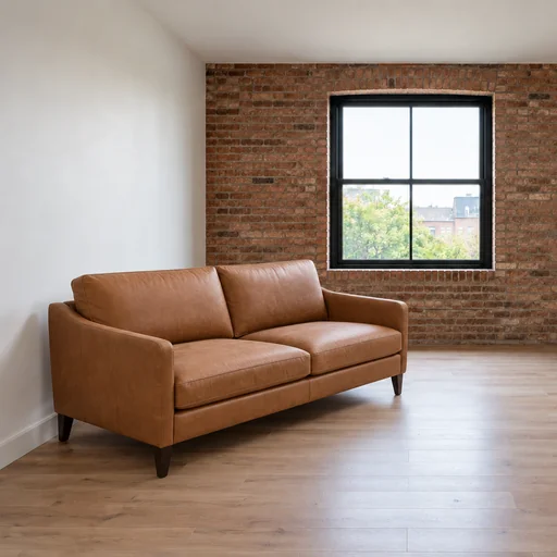 Tan leather sofa at the front left of an empty room, angled toward the center beneath a brick accent wall.